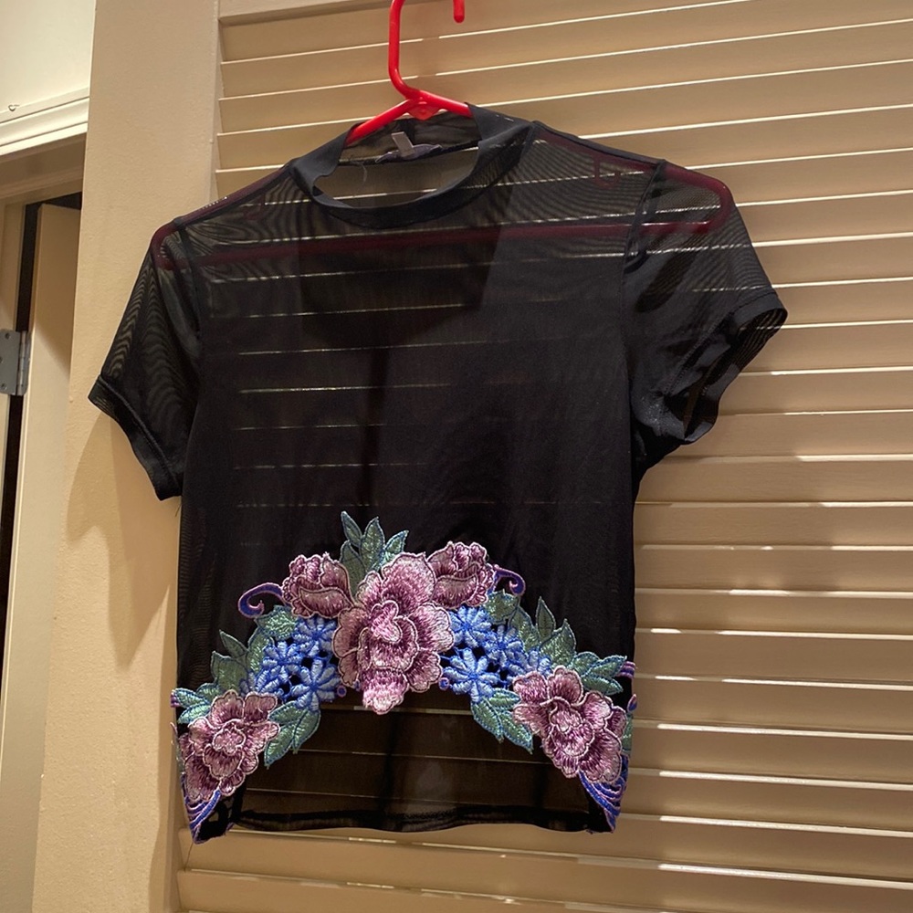 Black Mesh Mock Neck Floral Crop Top